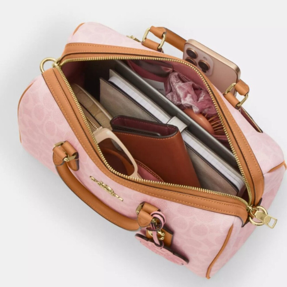 NEW Coach Large Rowan Satchel Bag In Pink Signature Canvas With Charms NWT - Picture 4 of 10